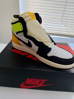 Nike Air Jordan 1 High-Top Sneaker in White, Black, Yellow & Neon Green